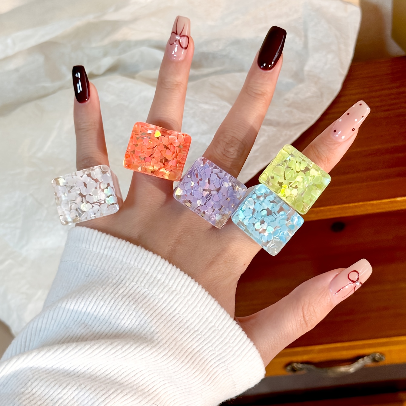 5pcs Floral Accented Resin Stacking Rings for Daily & Vacation Wear